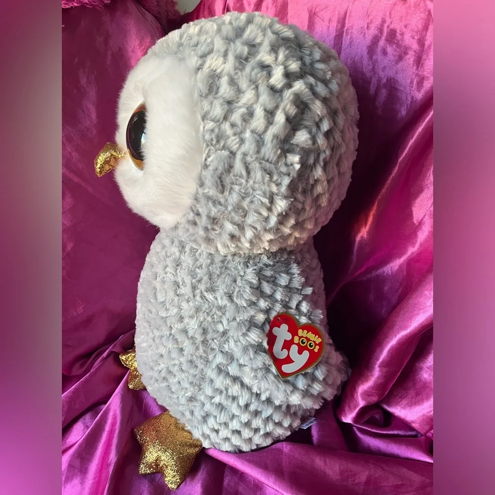 Ty Beanie Boo’s Owlette The Owl, 18” Large Plush Stuffed Animal Gray Gold NWT